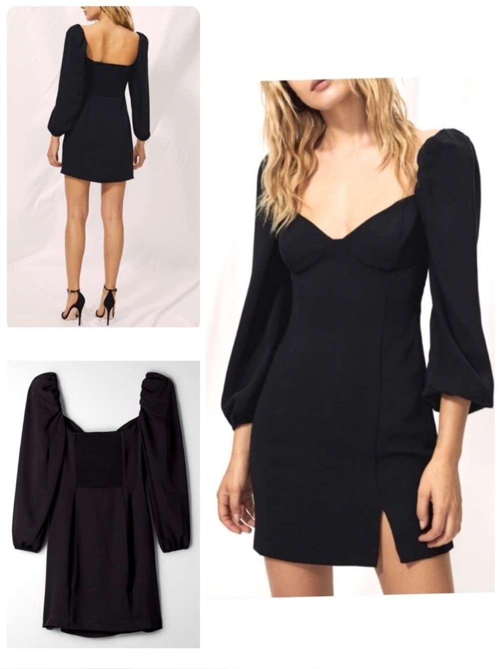 Aritzia WILFRED Black Novella Mini Dress Long Sleeves Bustier Smocked Size 2